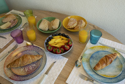 High angle view of breakfast on table