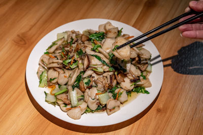 High angle view of food in plate on table