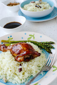 Close-up of food served on table