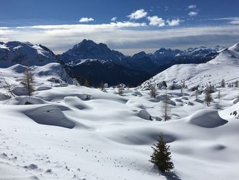 Scenic view of snow covered mountains against sky