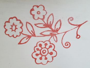 Close-up of heart shape text on red wall