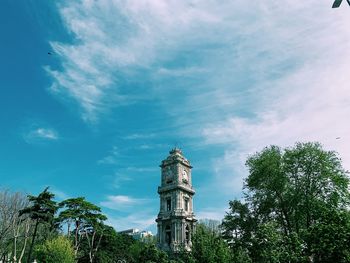 Low angle view of trees and building against sky