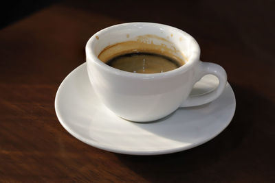 High angle view of coffee cup on table