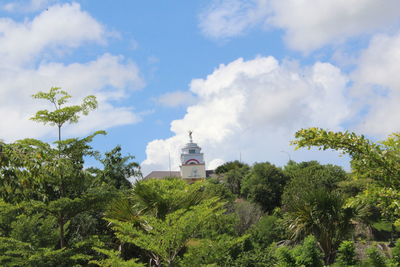 Low angle view of trees and building against sky