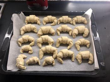 High angle view of cookies in container on table