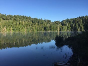 Scenic view of lake against clear blue sky