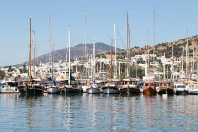 Sailboats moored at harbor