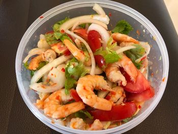 High angle view of salad in plate on table