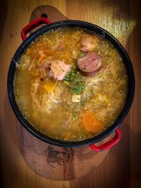 High angle view of soup in bowl on table