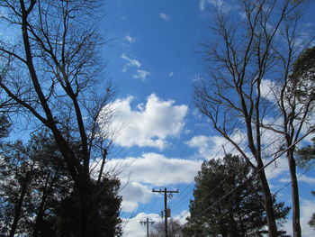 Low angle view of bare trees against cloudy sky