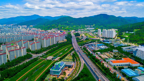 High angle view of cityscape against sky