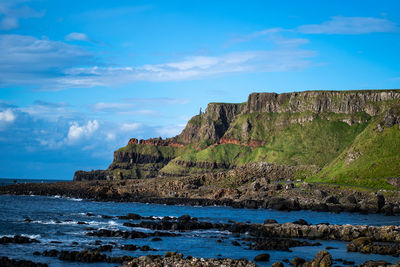 Rock formations by sea against blue sky