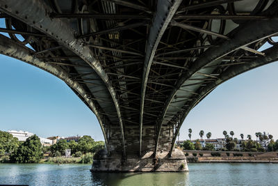 Bridge over river in city against sky