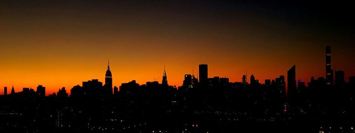 Silhouette of city at sunset