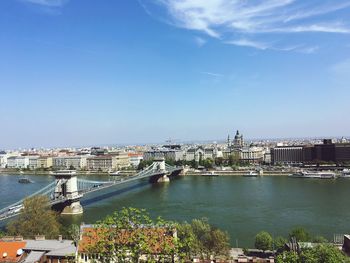 View of city at waterfront against cloudy sky