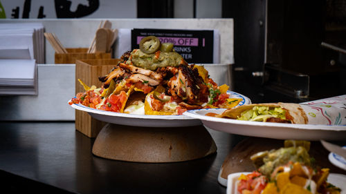 Close-up of food served on table