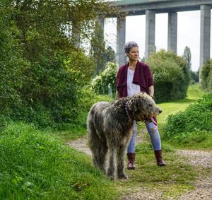 Woman with dog standing on field against bridge