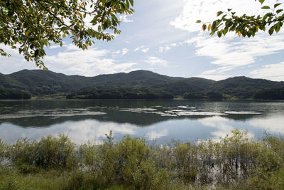 Scenic view of lake by mountains against sky