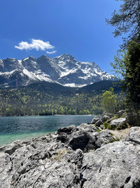 Scenic view of lake by mountains against sky
