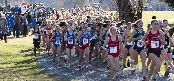 Group of people running on field