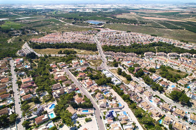 High angle view of townscape and road in city