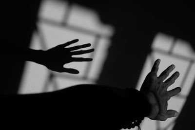 Cropped image of silhouette hand against blurred background