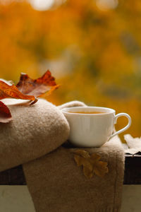 Sweet home. hot coffee and autumn decor. autumn home decor.