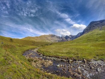 Scenic view of mountains against cloudy sky