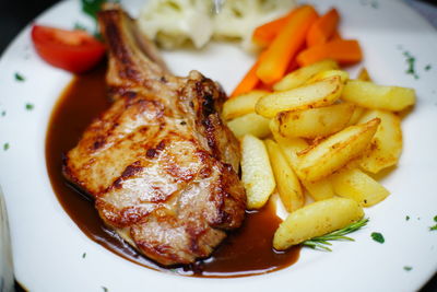 High angle view of food in plate