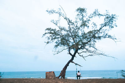 Man sitting on swing at beach