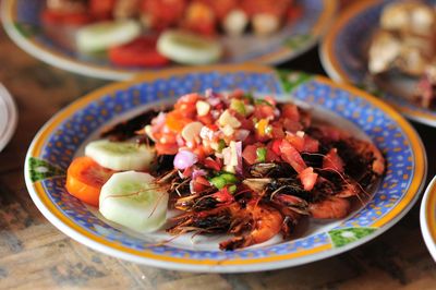 High angle view of salad in bowl on table