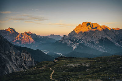 Scenic view of mountains against sky during sunset