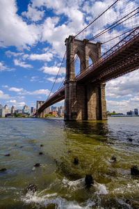 Bridge over river against cloudy sky