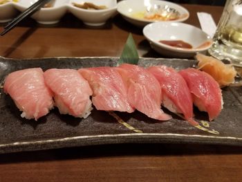 Close-up of sushi served on table