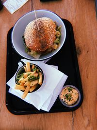 High angle view of food in plate on table