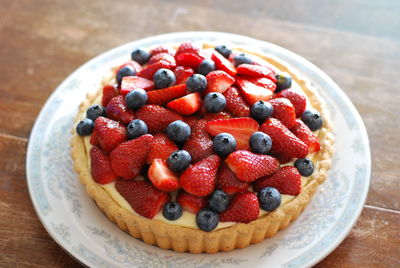 High angle view of tart served in plate on table
