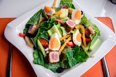 High angle view of food served in plate