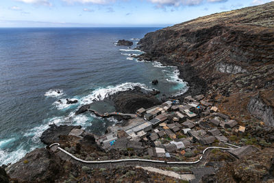 High angle view of sea shore against sky