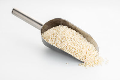 Close-up of bread in plate against white background