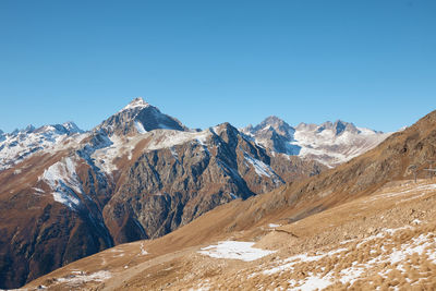 Scenic view of snowcapped mountains against clear blue sky