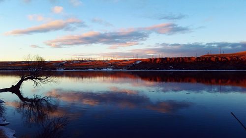 Scenic view of lake against sky at sunset