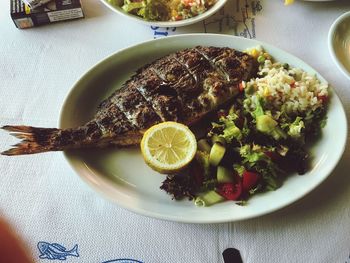 High angle view of salad in plate on table