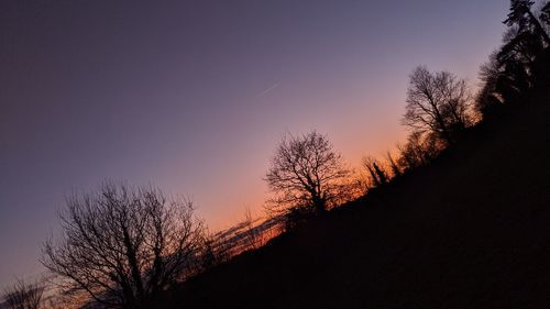 Low angle view of silhouette bare trees against sky at sunset