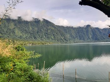 Scenic view of lake and mountains against sky