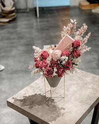 High angle view of rose bouquet on table