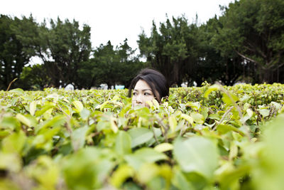 Young woman amidst leaves looking away on field