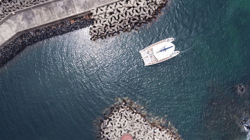 High angle view of boat floating on sea