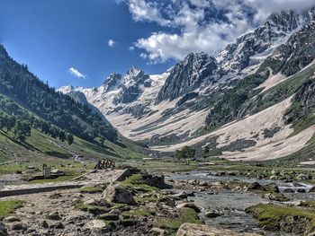 Scenic view of snowcapped mountains against sky