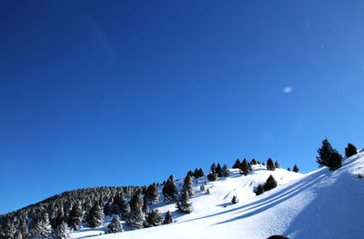 Snow covered landscape against clear blue sky