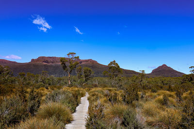 Scenic view of mountains against blue sky